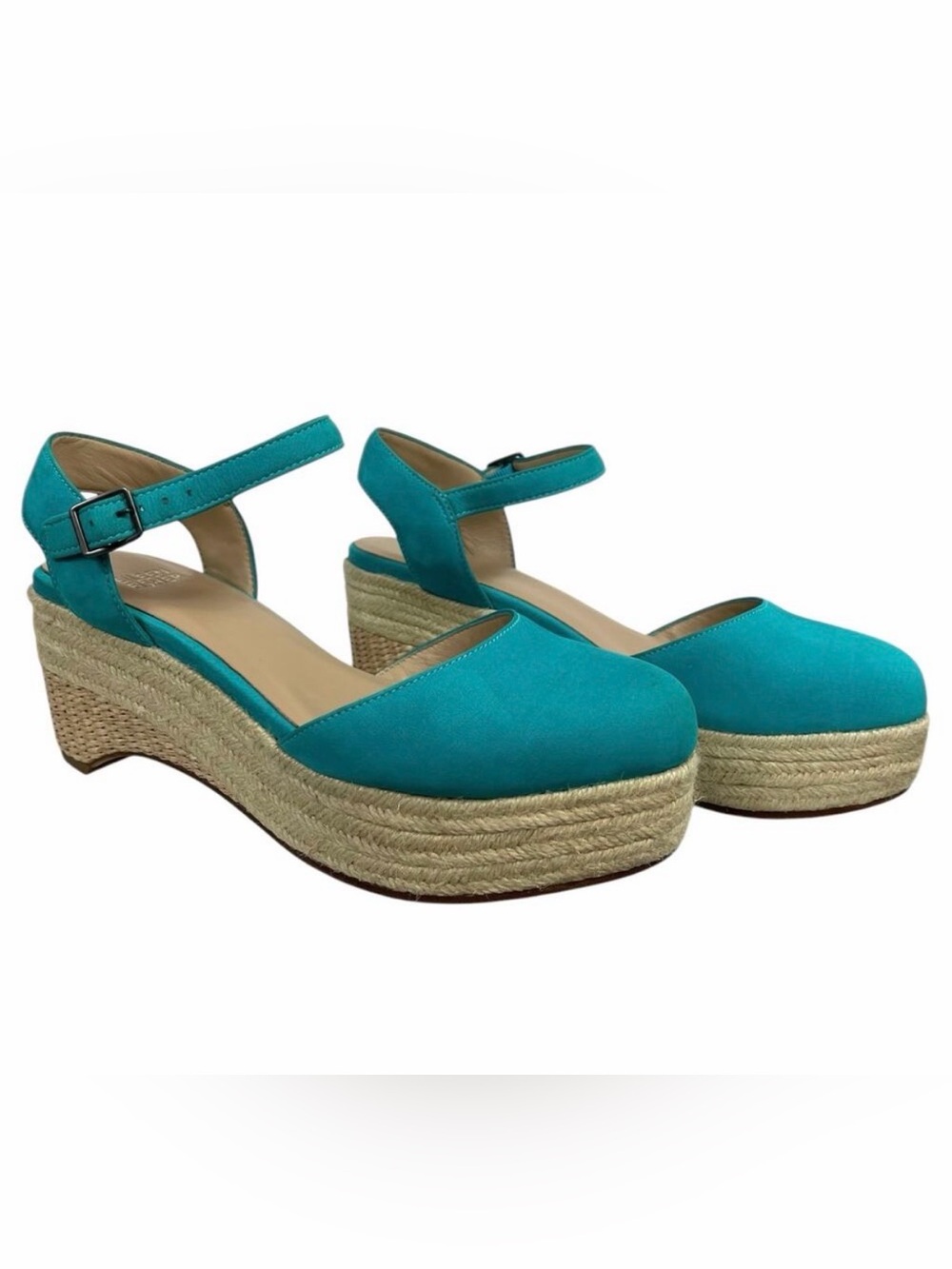 Eileen Fisher Form Suede Espadrille Wedge Sandals Teal Size 6.5 Beach Boho